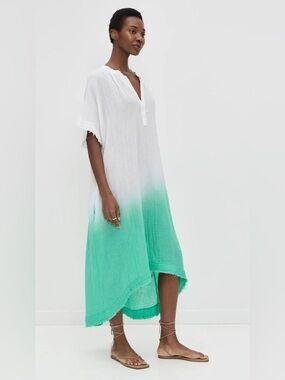 9seed Tunisia White to Mint Green Ombre Caftan Cover-Up Dress